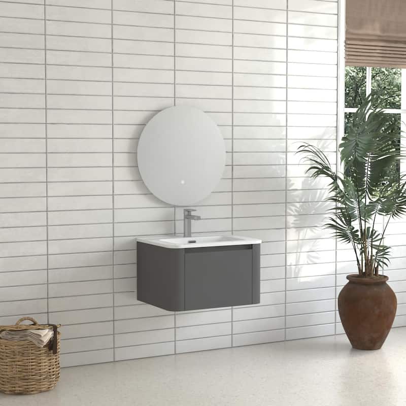 24" Grey Wall Mounted Bathroom Vanity with Basin Floating Vanity Drawer Bathroom Cabinet with White Ceramic Integrated Basin