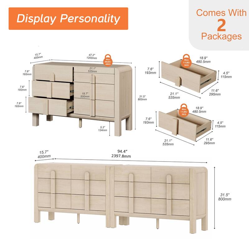 WAMPAT Mid Century 6 Drawer Dresser Set Of 2, 47.2" Modern Chest Of Drawers With Storage, Curved Profile Wood Double Dresser