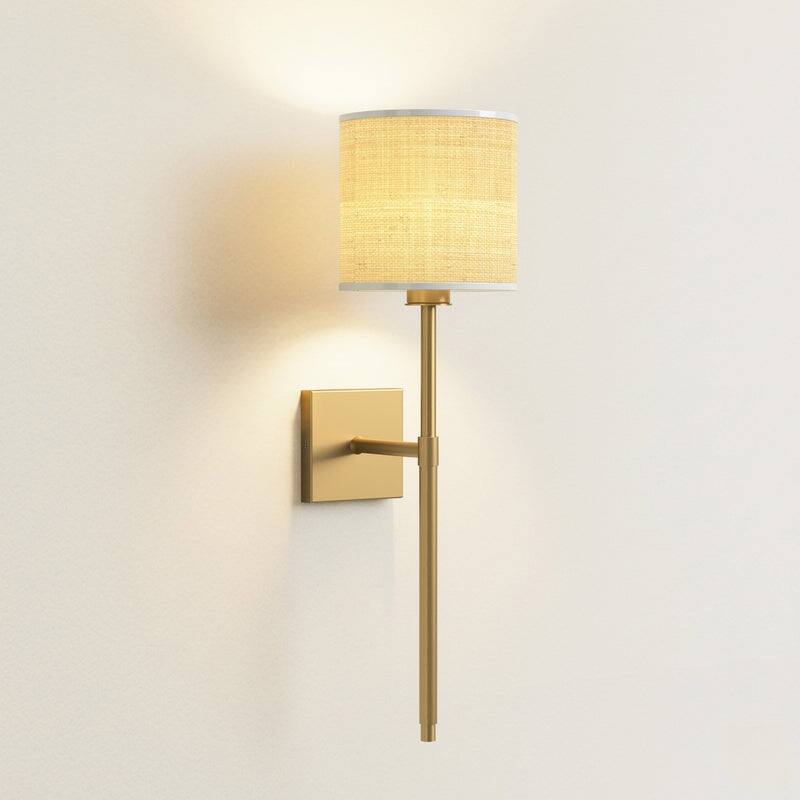 Luma Arm Sconce - Metal, Raffia & Natural Beige, Gold 1-Light Wall Sconce for Bedroom or Bathroom in Modern, Mid-Century Style - Soft Gold Brass/Natural Raffia