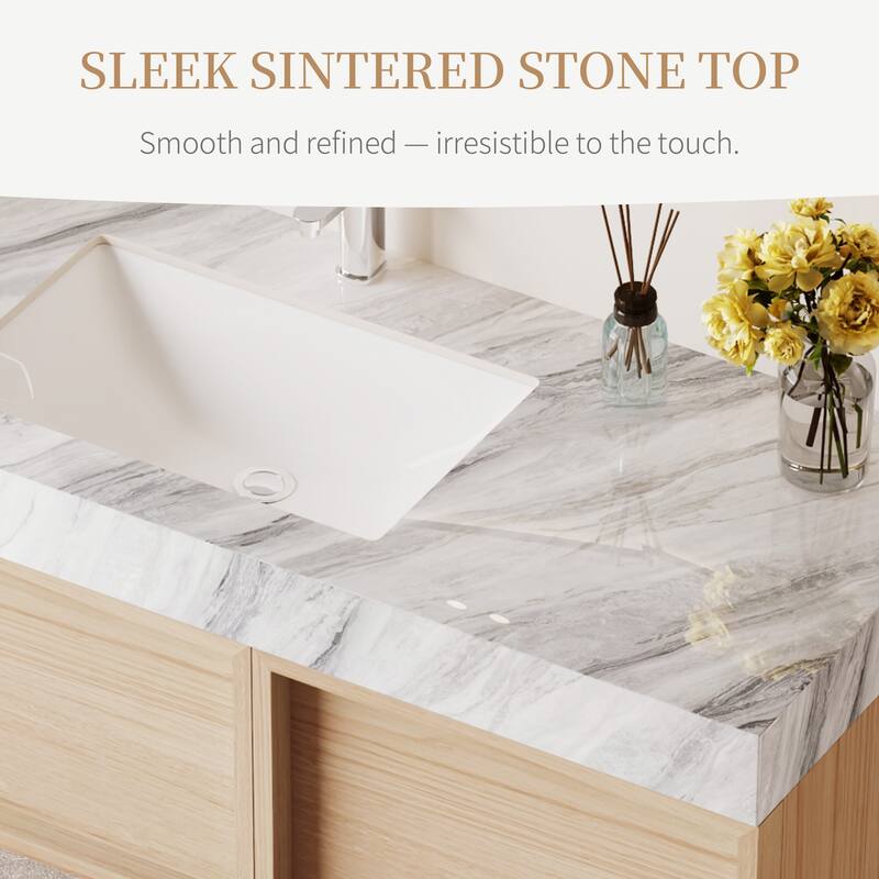 36" Modern Floating Bathroom Vanities, Sintered Stone Table top with Solid Wood Cabinets, Not Assembled Need