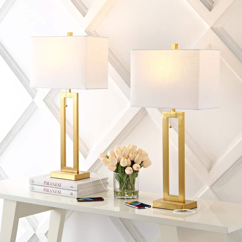Lucie 28.5" Vintage Industrial Iron LED Table Lamp with Pull-Chain and USB Charging Port, (Set of 2) by JONATHAN Y