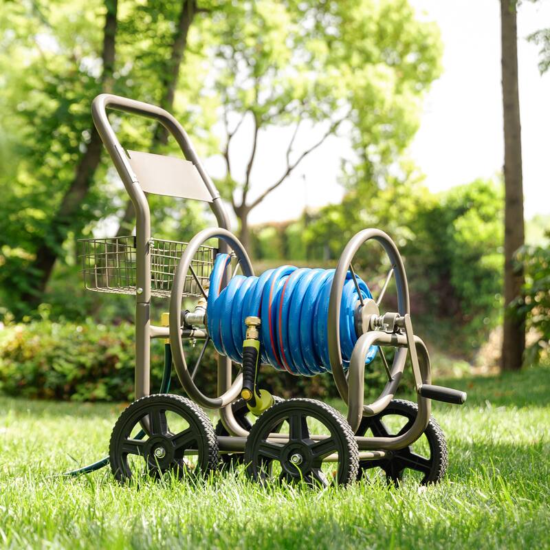 Glitzhome 36"H Steel Garden 4-Wheel Reel Cart with Hose