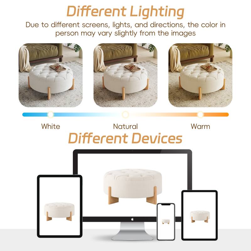 32" Round Tufted Ottoman with Solid Wood Legs, Modern Coffee Table with Tufted Buttons, Piping Lines, Chenille Fabric Footrest