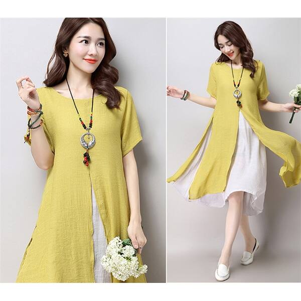 Shop Fashion Asian Style Layered Multi Slit Linen Tunic Dress