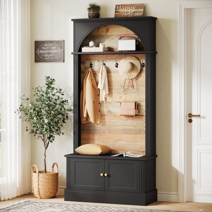 4-In-1 Hall Tree With Shoe Bench and Coat Rack for Entryway, Bedroom - Black