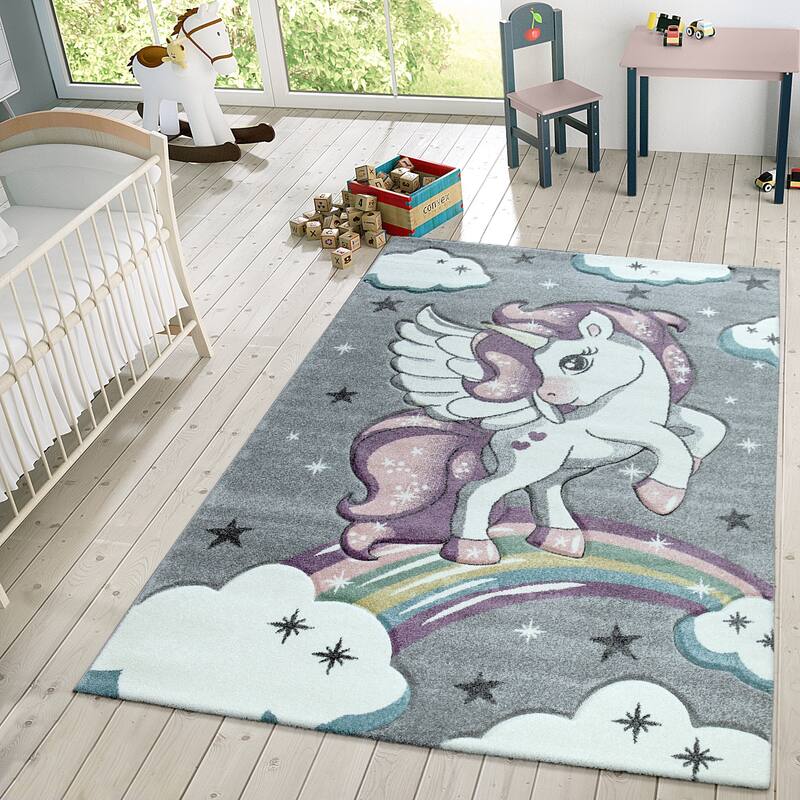 Kids Rug for Nursery Enchanted Unicorn and Rainbows in the Sky - 7'10" x 11'2" - grey