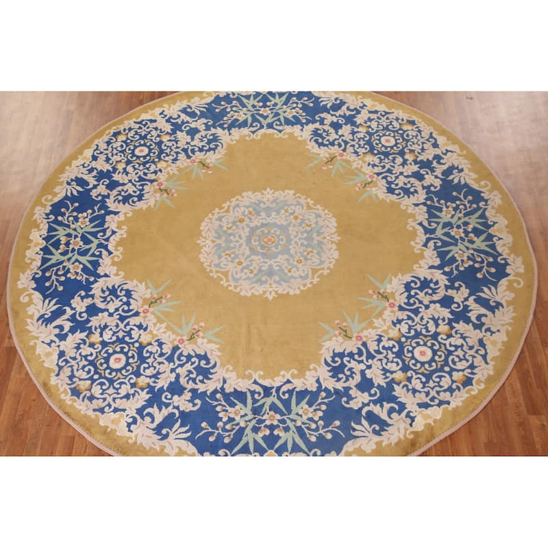Antique Vegetable Dye Art Deco Chinese Round Rug Handmade Wool Carpet - 10'8"x 10'6"