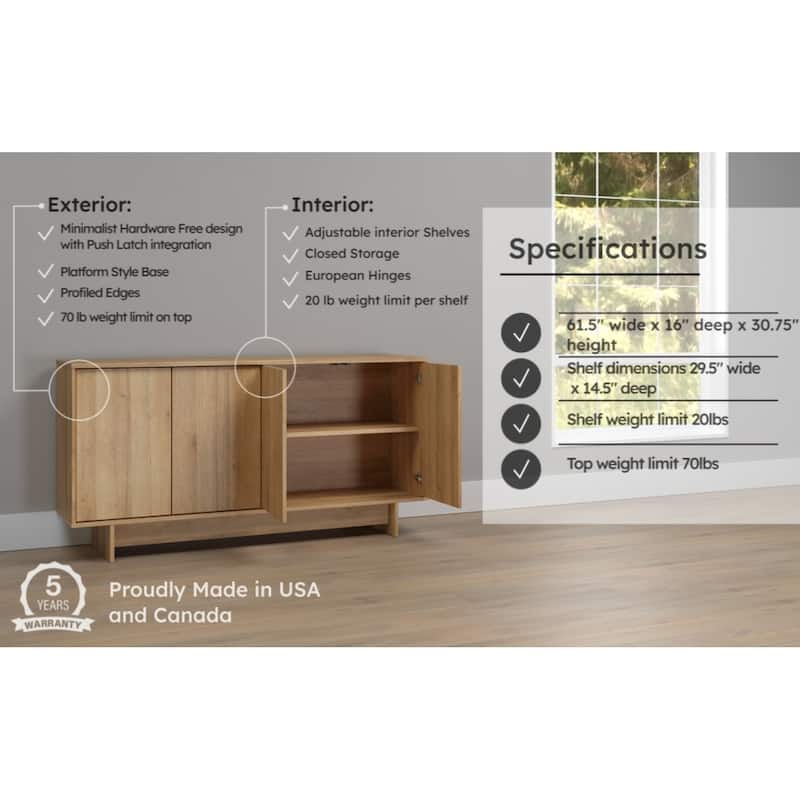 Prepac Finnley Sideboard Cabinet Buffet Cabinet with Storage, Entryway Cabinet with Adjustable Shelves