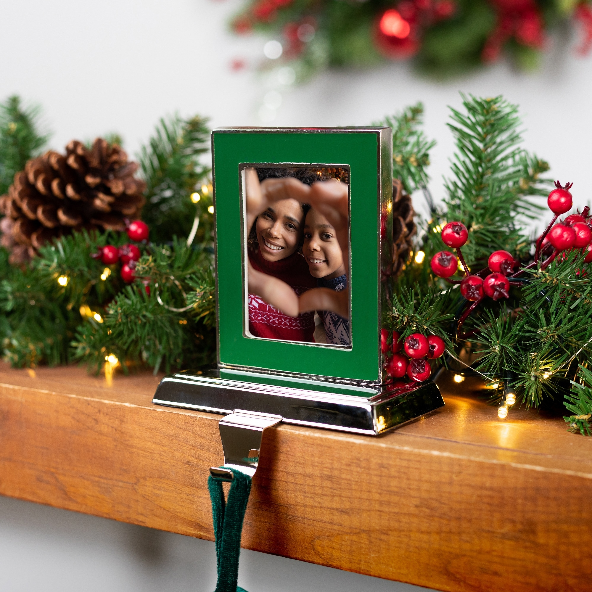 Photo Frame Christmas Stocking Holder - 5.25" - Silver and Green