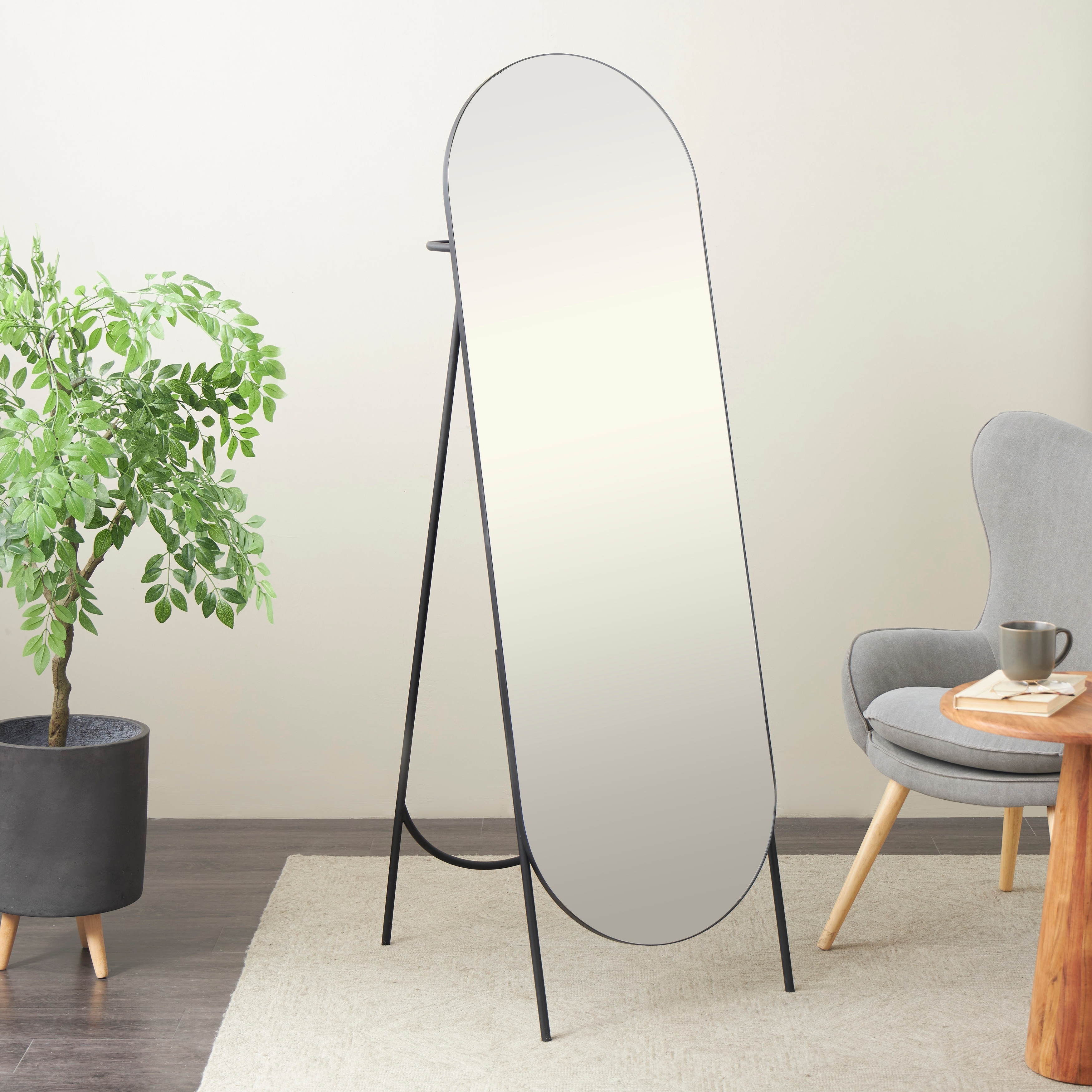 Black Metal Foldable Freestanding Minimalistic Oval Geometric Room Floor Mirror