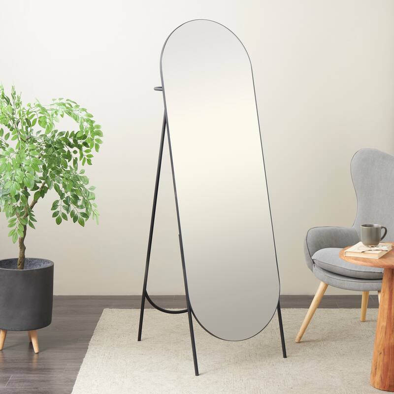 Black Metal Foldable Freestanding Minimalistic Oval Geometric Room Floor Mirror - Black