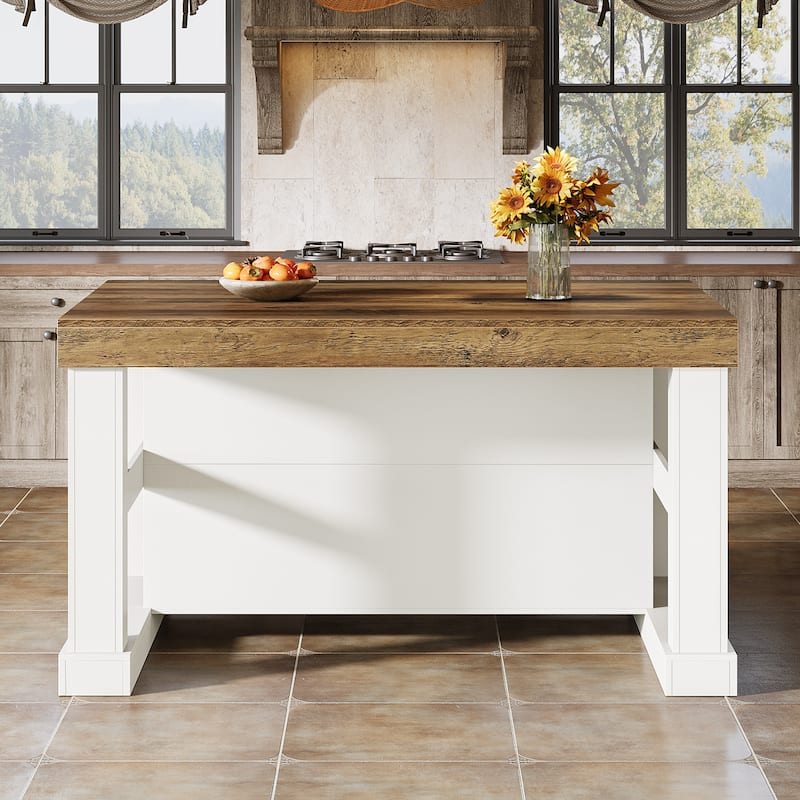 55-Inch Stationary Kitchen Island with Storage Shelves and Large Worktop, Farmhouse Style, Light Brown