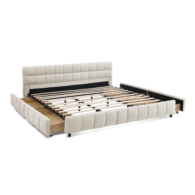 Lattice-shaped Cushion Platform Bed Grounded Bed Upholstered Bed Frame with 4 Drawers and Cozy Headboard No Box Spring Needed