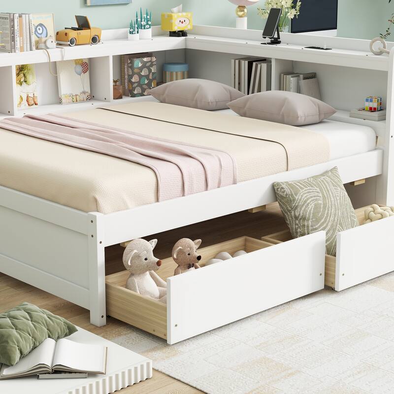 Corner Daybed Bookcases Bed with Power Outlets and Charging Ports, L-Shaped Storage Bed Frame Captains Bed with 2 Drawers
