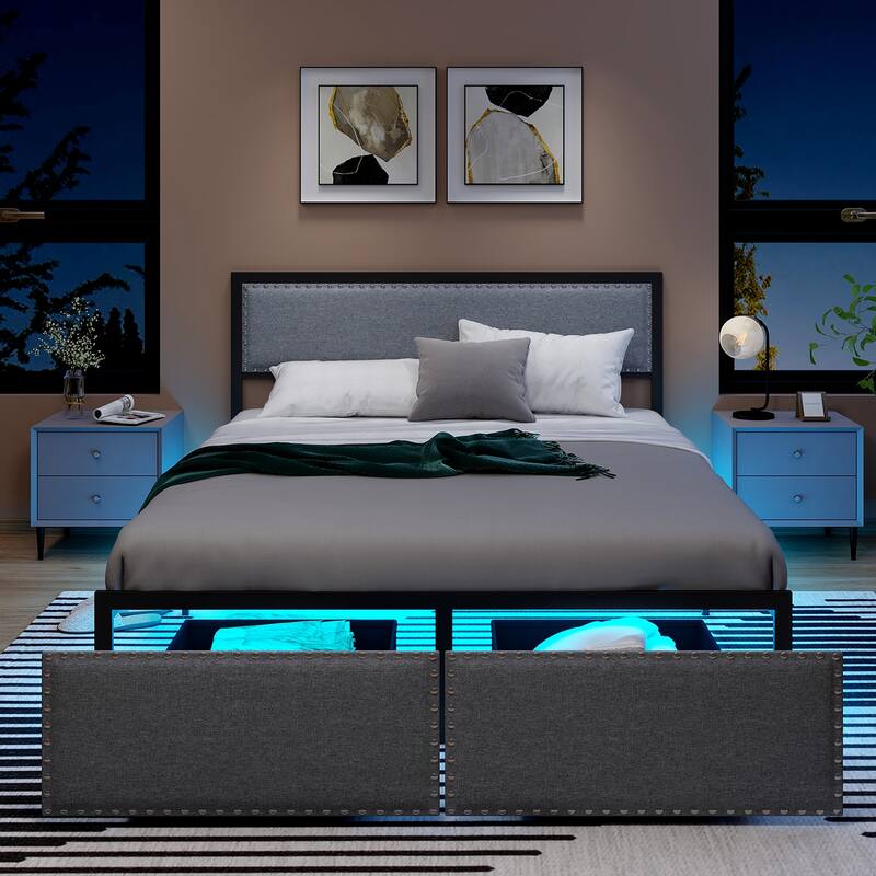 Gymax Queen Size Bed Frame w/ 2 Storage Drawers LED Lights Slats