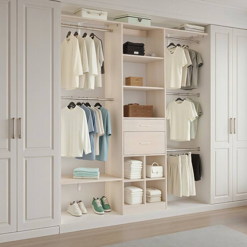 60” Grey Oak MDF Closet Storage Drawers with Hanging Rods and 17 Organized Compartments - 60” x 15.8” x 73”