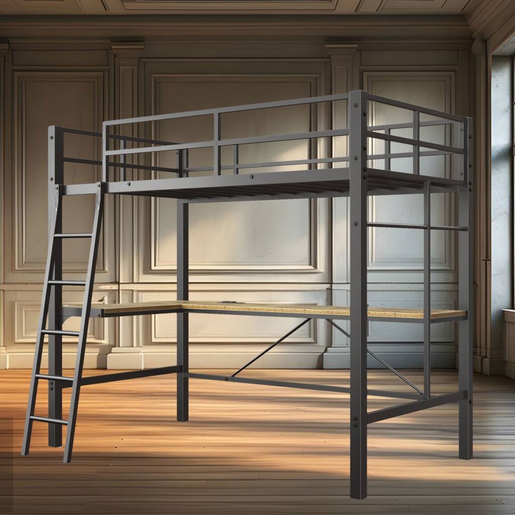 Twin Metal Loft Bed with L-Shaped Desk, Charging Station, Safety Guardrails, and Sloping Ladder - Space-Saving Design