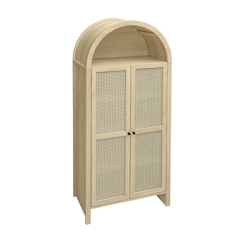 GDFStudio - Arched Natural Rattan Tall Pantry Storage Cabinet with Adjustable Shelves