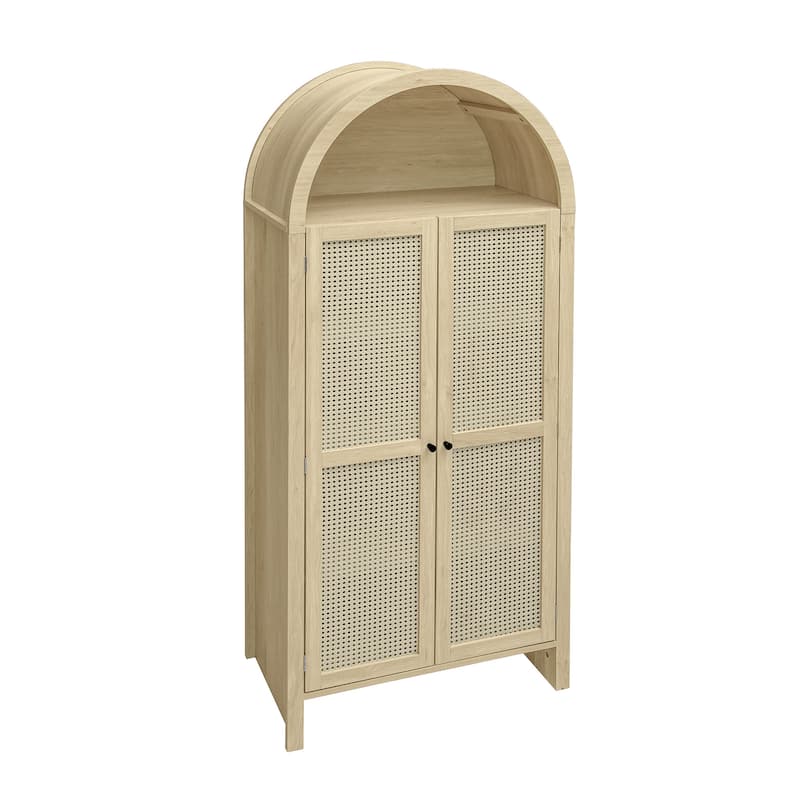 Roomfitters 70.28" Tall Arched Kitchen Pantry Cabinet, Modern Farmhouse Storage Cabinet with Glass Doors, Natural