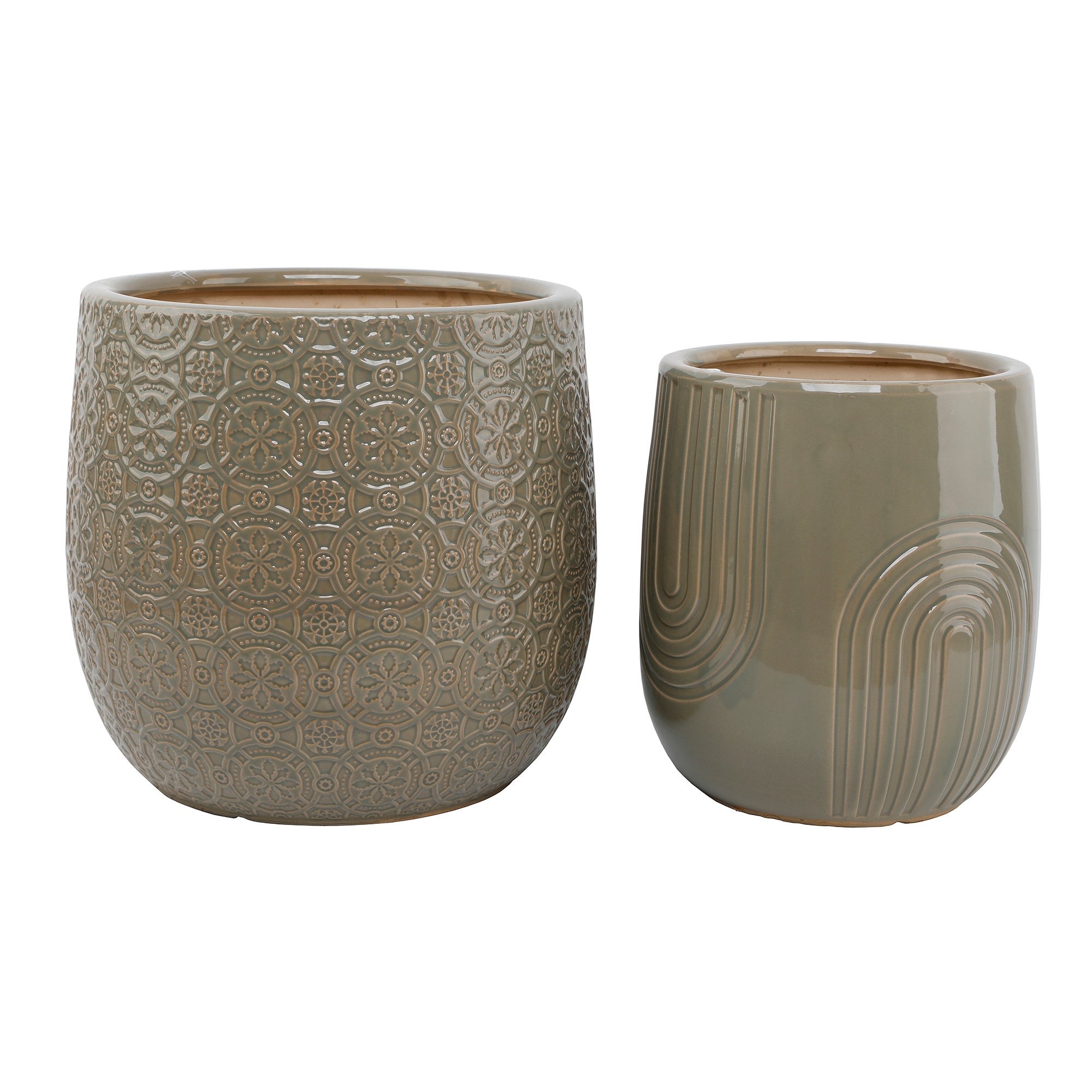 Set of 2 Taupe Ceramic Planters with Patterned Design