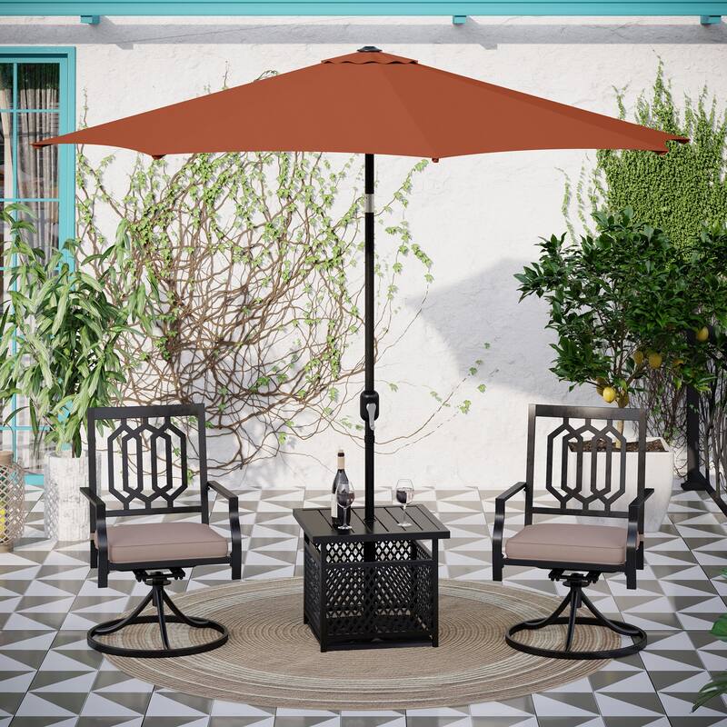 MAISON ARTS 3-piece Patio Bistro Set with 9 ft Umbrella, 2 Metal Swivel Chairs and 1 Square Table with Umbrella Hole - Red