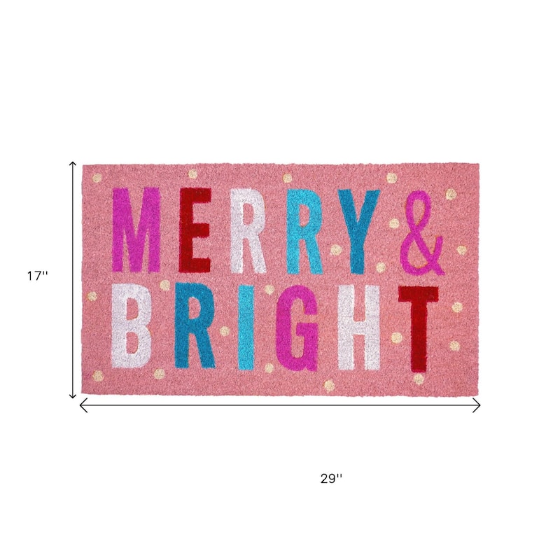 HomeRoots 17" X 29" Pink Blue And White Christmas Merry and Bright Outdoor Coir Door Mat - 17.00' X '29.00