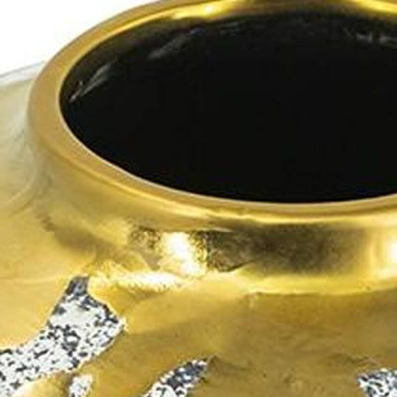 10" Ivory Gray And Gold Abstract Distressed Ceramic Round Table Vase - 9.80