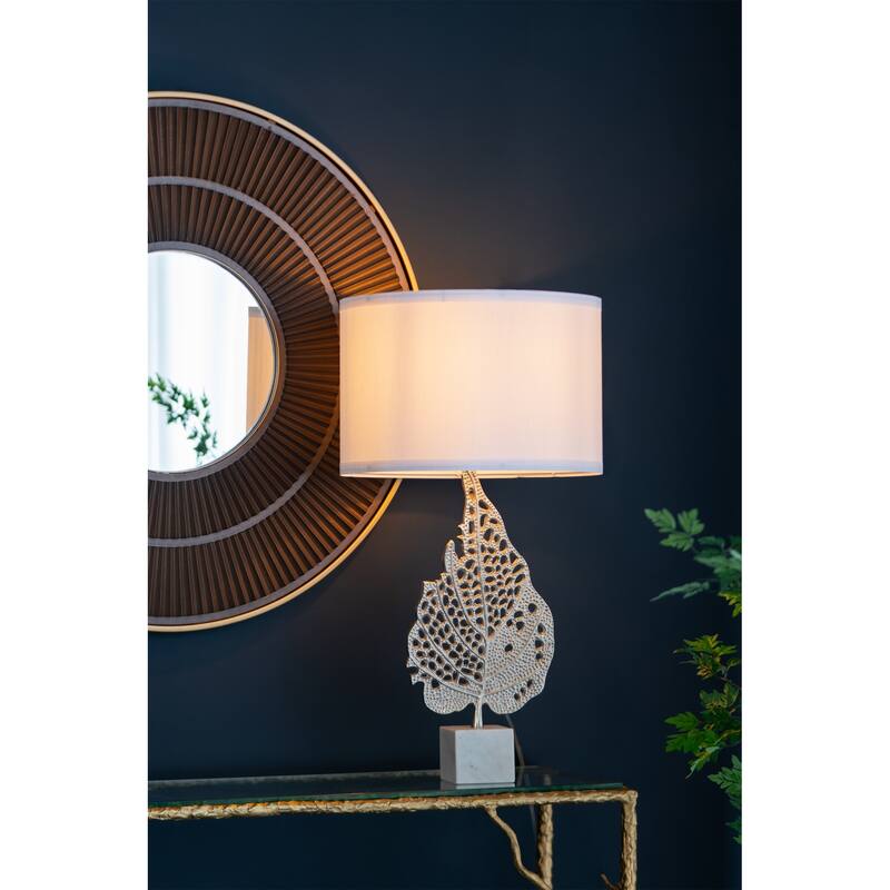 D15x29.3" White and Silver Leaf Table Lamp with Drum Shade and Marble Base