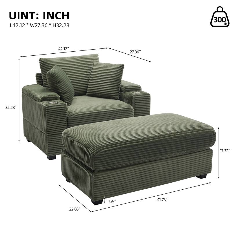 Corduroy Upholstered Chaise Lounge with Movable Ottoman, Living Room Storage Sofa Chair with Cup Holder, Detachable Cushions