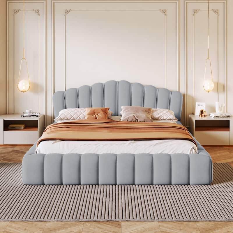 Upholstered Velvet Fabric Floor Bed Platform Bed - Light Blue