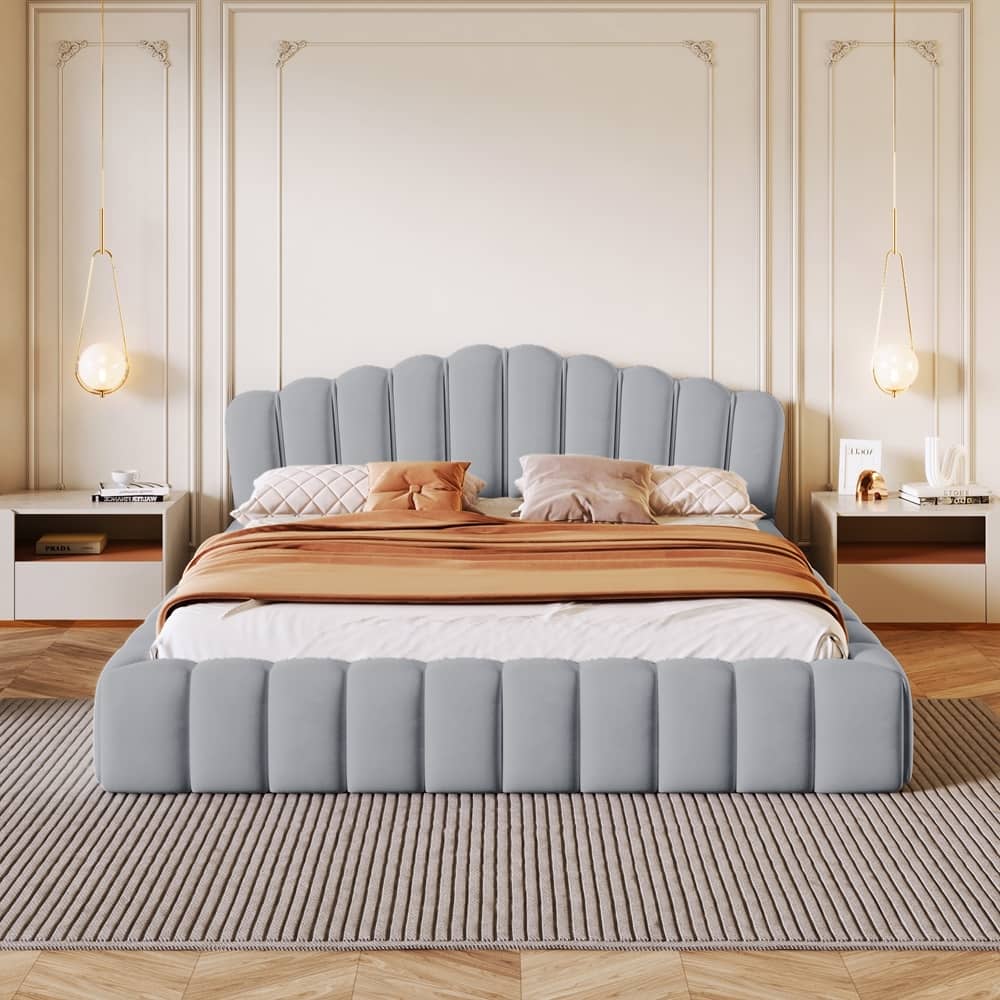 Upholstered Velvet Fabric Floor Bed Platform Bed