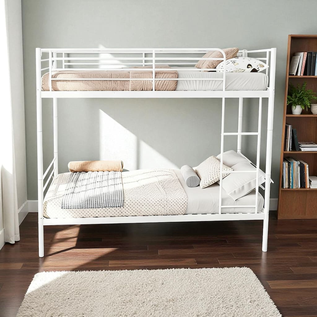 Twin Over Twin Metal Bunk Bed with Ladder, High Guardrails, Convertible to Two Beds, Noise-Free Frame & Storage Space