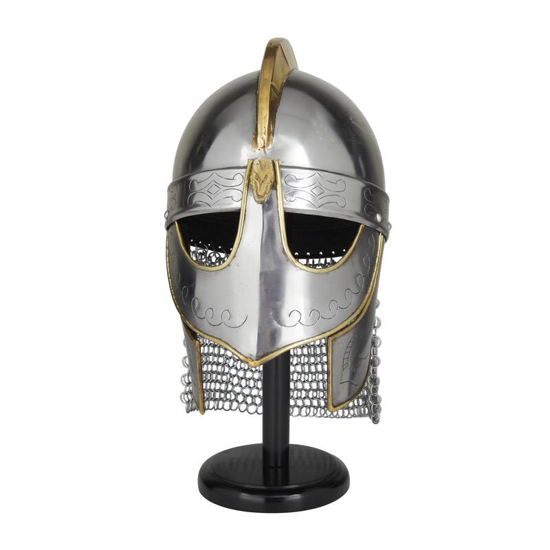 Metal Replica Medieval Knight Crusader Helmet with Black Wood Stand and Chainmail - Silver - Roche River Decor - Silver