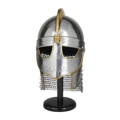 Metal Replica Medieval Knight Crusader Helmet with Black Wood Stand and Chainmail - Silver - Roche River Decor