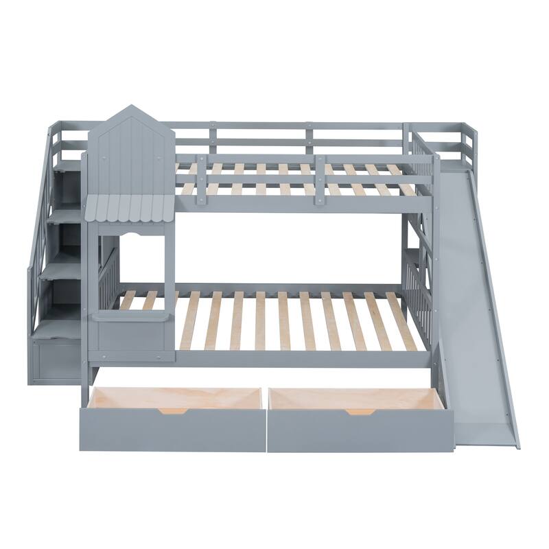 Roomfitters Full Over Full Castle Bunk Bed with Slide and Storage Stairs, Playhouse Design