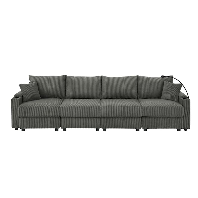 132" Corduroy 5-Seater Sofa, Cup Holders, Phone Holder and Dense Cushions