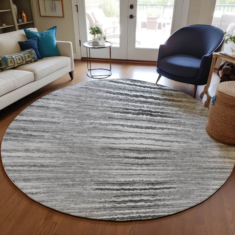 Machine Washable Indoor/ Outdoor Chantille Jagged Stripes Rug - Silver - 8' x 8'