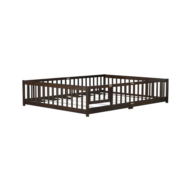Queen Size Floor Bed with Fence,Door,Rubber Wood Floor Bed with Safety Guardrails