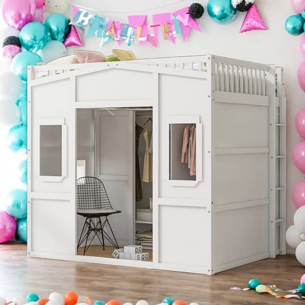 slide 2 of 26, Full Size House Loft Bed With Ladder and Wardrobe White