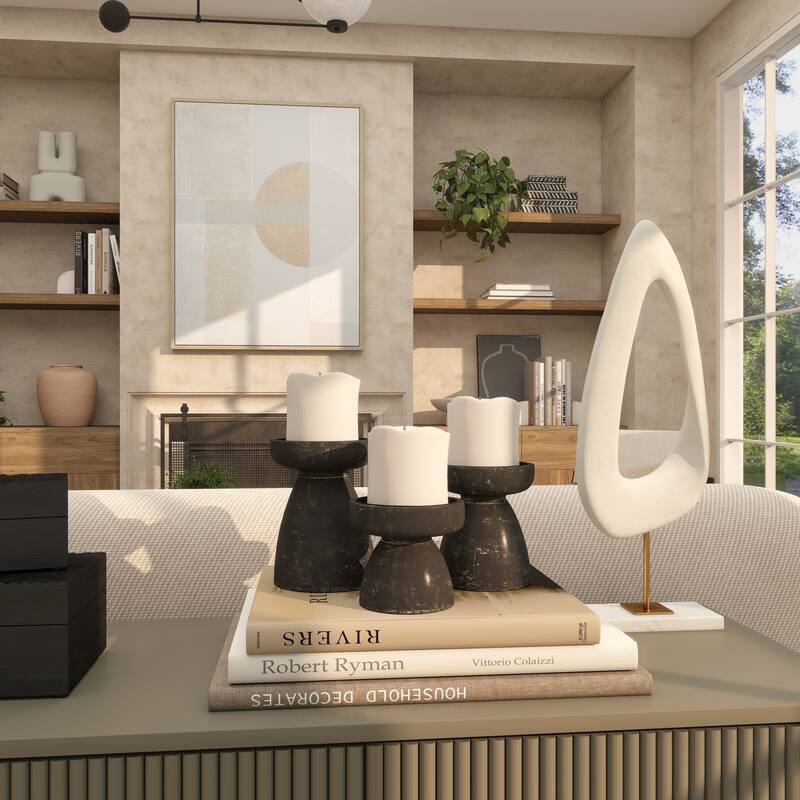 Black Wood Short Wide Distressed Decorative Candle Holder (Set of 3)