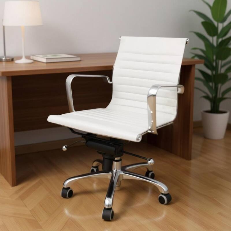 White and Silver Faux Leather Adjustable Height Swivel Rolling Office Chair - White