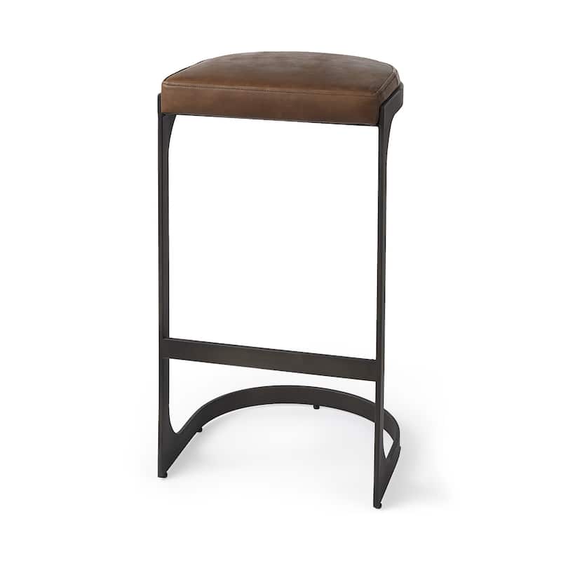 Faux Leather Backless Metal Bar Stools with Footrest - Brown and Black-31.25-Inch