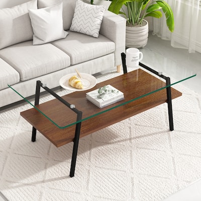 Rectangle Coffee Table with Tempered Glass Tabletop and Metal Legs
