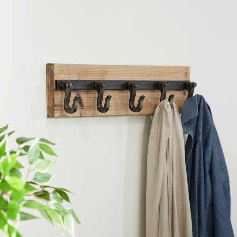 Gold Wooden 6 Hangers Wall Hook - 24 x 4 x 6 - Black/Brown