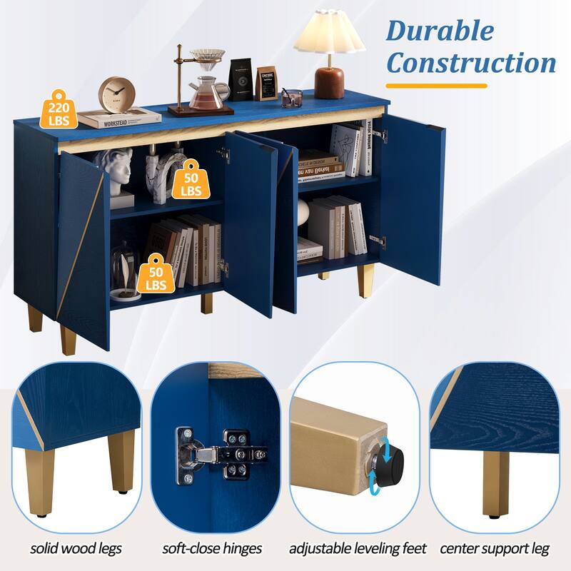 Roomfitters Retro 4-Door Buffet Cabinet with Dimensional Effect Doors, Adjustable Shelves for Dining Kitchen or Living Room