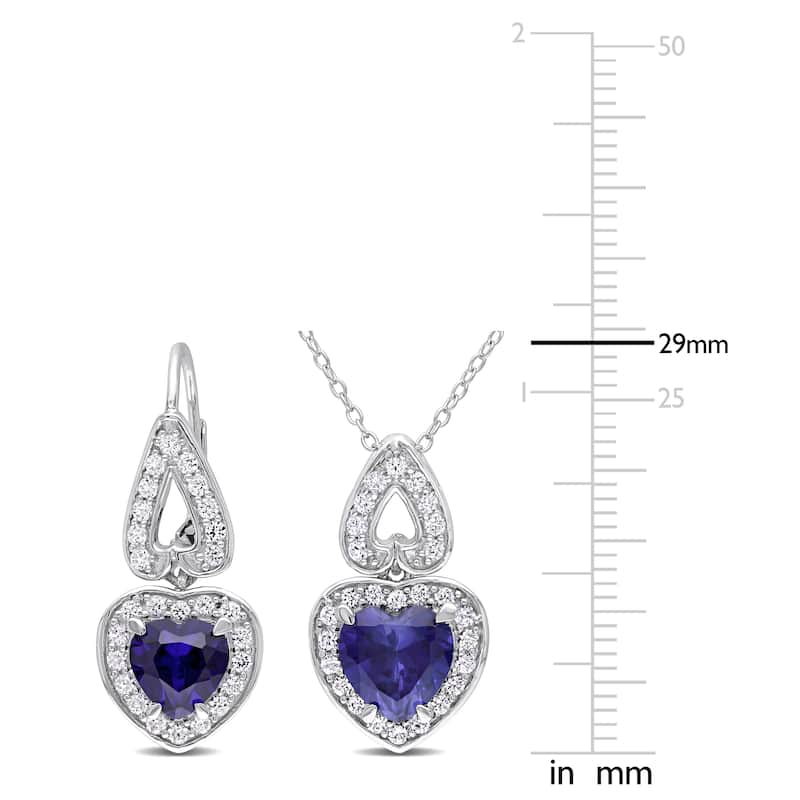 Miadora 8-5/8ct TGW Created Blue White Sapphire Heart Necklace and Earrings Set Sterling Silver