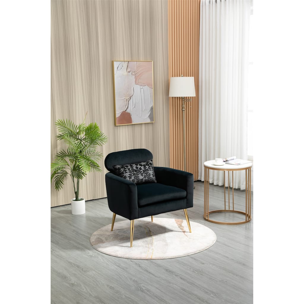 Vintage Accent Chair Neck Support Leisure Single Chair Velvet Thicken Padded Seat Living Room Chair with Metal Golden Feet