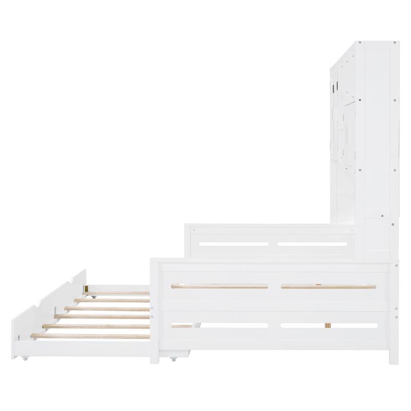Space-Saving Full Size Daybed with Twin Trundle, Wooden Platform Bed Frame with All-in-One Cabinet & Shelf, No Box Spring Needed