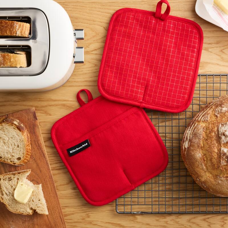 KITCHENAID Gourmet Series Gridlines Pot Holders 2-Pack Set, Heat Resistant up to 600°F, Soft Silicone Grip, Magnetic Cuff