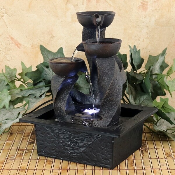 Sunnydaze Spiral Column Cascading Tiered Bowl Tabletop Water Fountain with Light